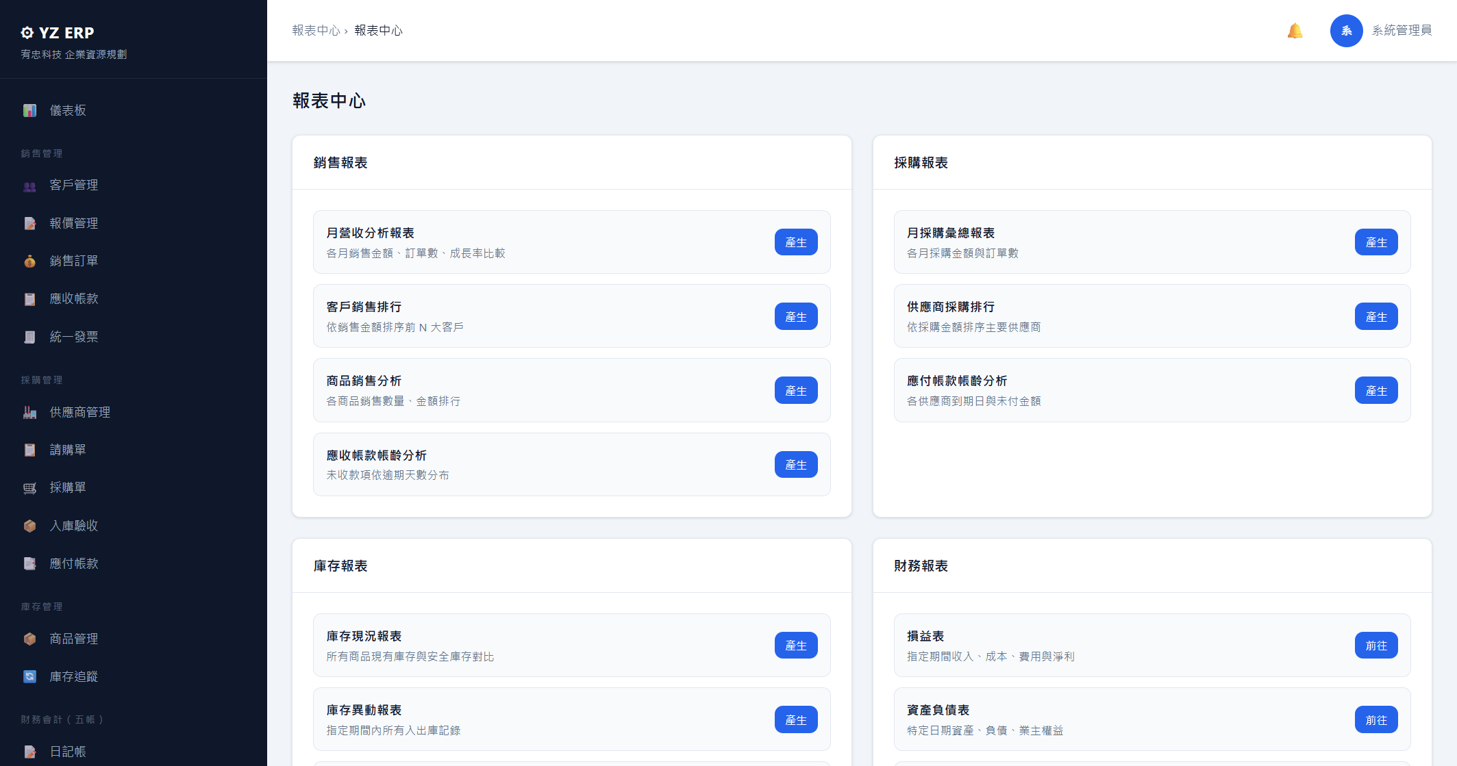 YZ ERP 企業資源規劃系統實拍
